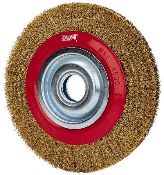 Value Collection - 8" OD, 1-1/4" Arbor Hole, Crimped Brass-Coated Steel Wheel Brush - 3/4" Face Width, 1-11/32" Trim Length, 0.012" Filament Diam, 4,500 RPM - Exact Industrial Supply