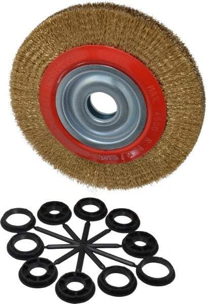 Value Collection - 8" OD, 1-1/4" Arbor Hole, Crimped Brass-Coated Steel Wheel Brush - 1" Face Width, 1-11/32" Trim Length, 0.012" Filament Diam, 4,500 RPM - Exact Industrial Supply
