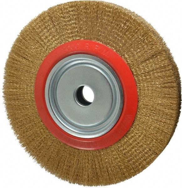 Value Collection - 12" OD, 1-1/4" Arbor Hole, Crimped Brass-Coated Steel Wheel Brush - 1-21/32" Face Width, 2-3/8" Trim Length, 0.012" Filament Diam, 3,000 RPM - Exact Industrial Supply
