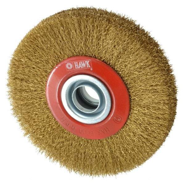 Value Collection - 5" OD, 3/4" Arbor Hole, Crimped Brass-Coated Steel Wheel Brush - 1" Face Width, 1-3/32" Trim Length, 0.007" Filament Diam, 6,000 RPM - Exact Industrial Supply