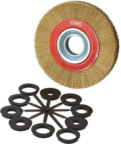 Value Collection - 6" OD, 1-1/4" Arbor Hole, Crimped Brass-Coated Steel Wheel Brush - 11/16" Face Width, 1-1/8" Trim Length, 0.007" Filament Diam, 6,000 RPM - Exact Industrial Supply