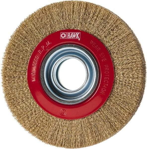 Value Collection - 6" OD, 1-1/4" Arbor Hole, Crimped Brass-Coated Steel Wheel Brush - 1" Face Width, 1-1/8" Trim Length, 0.007" Filament Diam, 6,000 RPM - Exact Industrial Supply