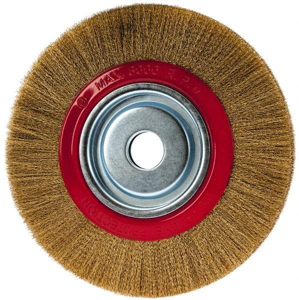 Value Collection - 10" OD, 1-1/4" Arbor Hole, Crimped Brass-Coated Steel Wheel Brush - 1" Face Width, 1-15/32" Trim Length, 0.007" Filament Diam, 3,000 RPM - Exact Industrial Supply