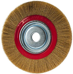 Value Collection - 10" OD, 1-1/4" Arbor Hole, Crimped Brass-Coated Steel Wheel Brush - 1" Face Width, 1-15/32" Trim Length, 0.007" Filament Diam, 3,000 RPM - Exact Industrial Supply