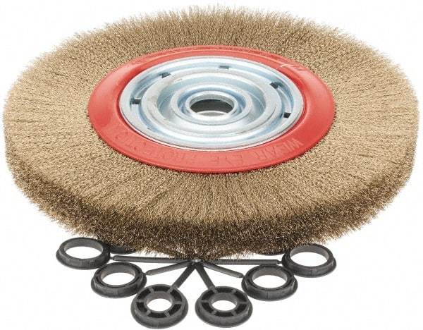Value Collection - 12" OD, 1-1/4" Arbor Hole, Crimped Brass-Coated Steel Wheel Brush - 1-3/16" Face Width, 2-3/8" Trim Length, 0.007" Filament Diam, 3,000 RPM - Exact Industrial Supply