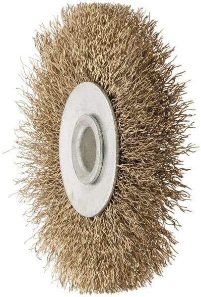 Value Collection - 2-1/2" OD, 3/8" Arbor Hole, Crimped Brass-Coated Steel Wheel Brush - 3/8" Face Width, 1/2" Trim Length, 0.007" Filament Diam, 4,500 RPM - Exact Industrial Supply