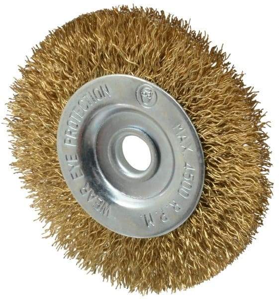 Value Collection - 3" OD, 3/8" Arbor Hole, Crimped Brass-Coated Steel Wheel Brush - 3/8" Face Width, 5/8" Trim Length, 0.012" Filament Diam, 4,500 RPM - Exact Industrial Supply