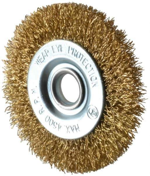 Value Collection - 3" OD, 1/2" Arbor Hole, Crimped Brass-Coated Steel Wheel Brush - 3/8" Face Width, 5/8" Trim Length, 0.012" Filament Diam, 4,500 RPM - Exact Industrial Supply