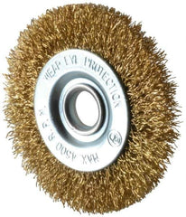 Value Collection - 3" OD, 1/2" Arbor Hole, Crimped Brass-Coated Steel Wheel Brush - 3/8" Face Width, 5/8" Trim Length, 0.012" Filament Diam, 4,500 RPM - Exact Industrial Supply
