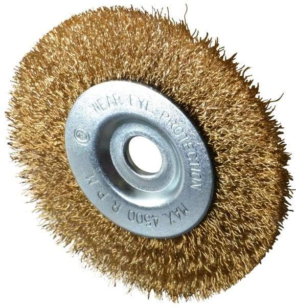 Value Collection - 4" OD, 1/2" Arbor Hole, Crimped Brass-Coated Steel Wheel Brush - 1/2" Face Width, 7/8" Trim Length, 0.012" Filament Diam, 4,500 RPM - Exact Industrial Supply