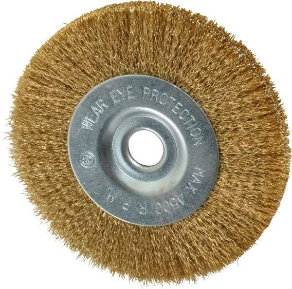 Value Collection - 4" OD, 1/2" Arbor Hole, Crimped Brass-Coated Steel Wheel Brush - 1/2" Face Width, 7/8" Trim Length, 0.007" Filament Diam, 4,500 RPM - Exact Industrial Supply