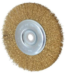 Value Collection - 5" OD, 5/8" Arbor Hole, Crimped Brass-Coated Steel Wheel Brush - 1/2" Face Width, 3/4" Trim Length, 0.012" Filament Diam, 3,750 RPM - Exact Industrial Supply