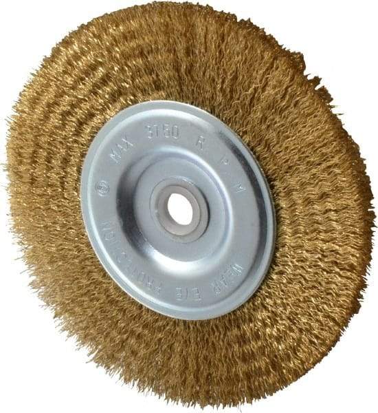 Value Collection - 6" OD, 5/8" Arbor Hole, Crimped Brass-Coated Steel Wheel Brush - 1/2" Face Width, 1-3/8" Trim Length, 0.012" Filament Diam, 3,750 RPM - Exact Industrial Supply