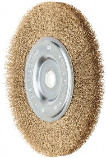 Value Collection - 6" OD, 5/8" Arbor Hole, Crimped Brass-Coated Steel Wheel Brush - 1/2" Face Width, 1-3/8" Trim Length, 0.012" Filament Diam, 3,750 RPM - Exact Industrial Supply
