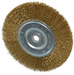 Value Collection - 6" OD, 5/8" Arbor Hole, Crimped Brass-Coated Steel Wheel Brush - 11/16" Face Width, 1-3/8" Trim Length, 0.012" Filament Diam, 6,000 RPM - Exact Industrial Supply