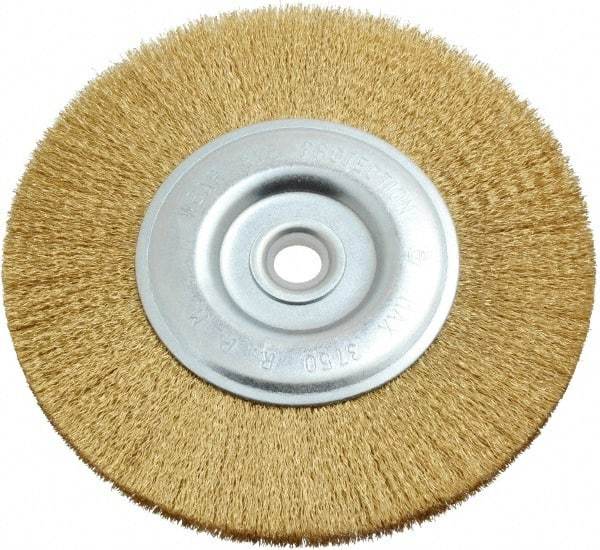 Value Collection - 6" OD, 5/8" Arbor Hole, Crimped Brass-Coated Steel Wheel Brush - 11/16" Face Width, 1-3/8" Trim Length, 0.012" Filament Diam, 3,750 RPM - Exact Industrial Supply