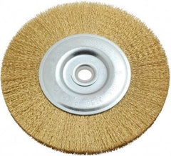 Value Collection - 6" OD, 5/8" Arbor Hole, Crimped Brass-Coated Steel Wheel Brush - 11/16" Face Width, 1-3/8" Trim Length, 0.012" Filament Diam, 3,750 RPM - Exact Industrial Supply