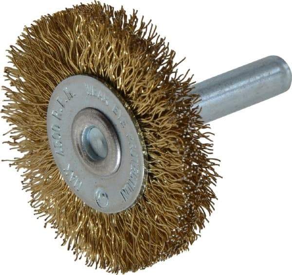 Value Collection - 1-5/8" OD, 1/4" Shank Diam, Crimped Brass-Coated Steel Wheel Brush - 3/16" Face Width, 3/8" Trim Length, 0.015" Filament Diam, 4,500 RPM - Exact Industrial Supply