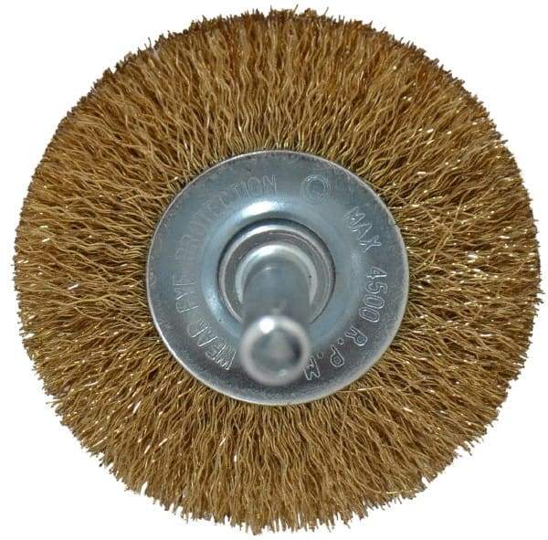 Value Collection - 2" OD, 1/4" Shank Diam, Crimped Brass-Coated Steel Wheel Brush - 9/32" Face Width, 3/8" Trim Length, 0.008" Filament Diam, 4,500 RPM - Exact Industrial Supply