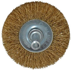 Value Collection - 2" OD, 1/4" Shank Diam, Crimped Brass-Coated Steel Wheel Brush - 9/32" Face Width, 3/8" Trim Length, 0.008" Filament Diam, 4,500 RPM - Exact Industrial Supply