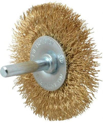 Value Collection - 2-1/2" OD, 1/4" Shank Diam, Crimped Brass-Coated Steel Wheel Brush - 11/32" Face Width, 1/2" Trim Length, 0.015" Filament Diam, 4,500 RPM - Exact Industrial Supply