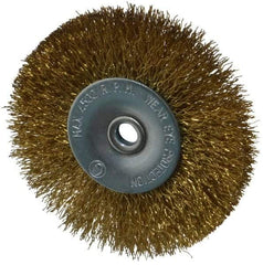 Value Collection - 2-1/2" OD, 1/4" Shank Diam, Crimped Brass-Coated Steel Wheel Brush - 11/32" Face Width, 1/2" Trim Length, 0.008" Filament Diam, 4,500 RPM - Exact Industrial Supply