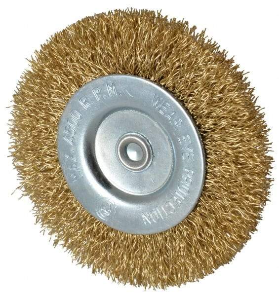 Value Collection - 3" OD, 1/4" Shank Diam, Crimped Brass-Coated Steel Wheel Brush - 3/8" Face Width, 5/8" Trim Length, 0.015" Filament Diam, 4,500 RPM - Exact Industrial Supply