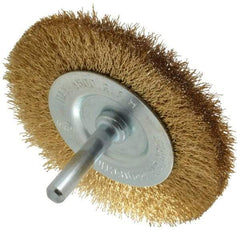 Value Collection - 3" OD, 1/4" Shank Diam, Crimped Brass-Coated Steel Wheel Brush - 3/8" Face Width, 5/8" Trim Length, 0.008" Filament Diam, 4,500 RPM - Exact Industrial Supply