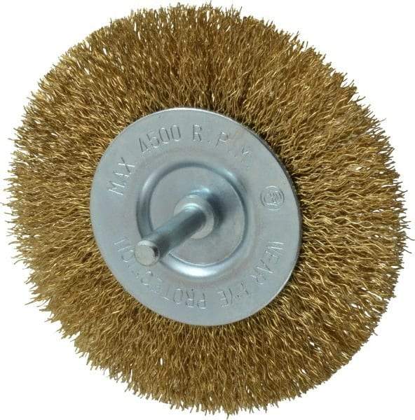 Value Collection - 4" OD, 1/4" Shank Diam, Crimped Brass-Coated Steel Wheel Brush - 15/32" Face Width, 7/8" Trim Length, 0.015" Filament Diam, 4,500 RPM - Exact Industrial Supply