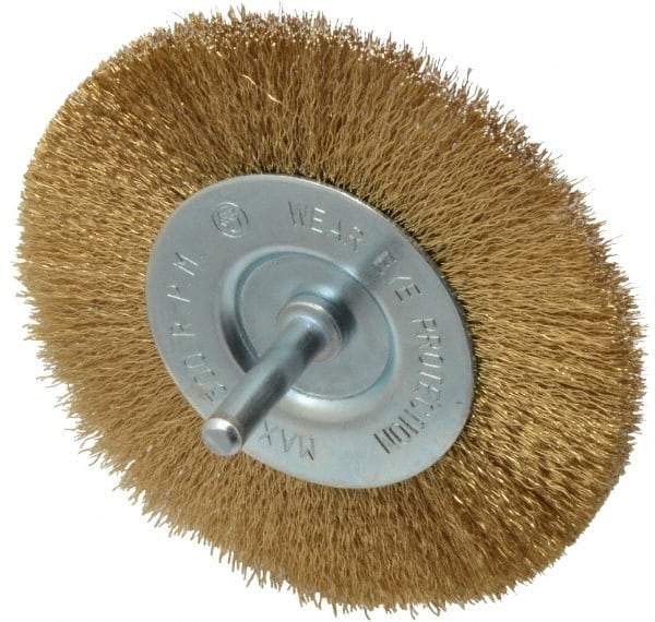 Value Collection - 4" OD, 1/4" Shank Diam, Crimped Brass-Coated Steel Wheel Brush - 15/32" Face Width, 7/8" Trim Length, 0.008" Filament Diam, 4,500 RPM - Exact Industrial Supply