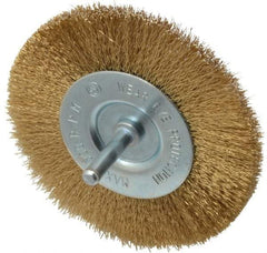 Value Collection - 4" OD, 1/4" Shank Diam, Crimped Brass-Coated Steel Wheel Brush - 15/32" Face Width, 7/8" Trim Length, 0.008" Filament Diam, 4,500 RPM - Exact Industrial Supply