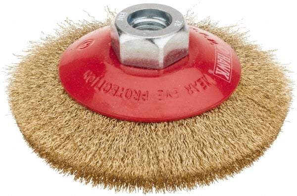 Value Collection - 4" OD, M14x2.00 Arbor Hole, Crimped Brass-Coated Steel Wheel Brush - 3/8" Face Width, 0.008" Filament Diam, 12,500 RPM - Exact Industrial Supply