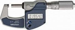 Mitutoyo - 0 to 1" Range, 0.0001" Resolution, Standard Throat, Electronic Outside Micrometer - 0.0001" Accuracy, Friction Thimble, Carbide Face, SR44 Battery, Plastic Case, Includes NIST Traceable Certification of Inspection - Exact Industrial Supply