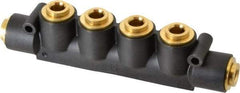 Parker - 3/8" Inlet, 3/8" Outlet Manifold - 6.49" Long x 1.02" Wide 0.22" Mount Hole, 200°F Max, 150 Max PSI, 2 Inlet Ports, 4 Outlet Ports - Exact Industrial Supply