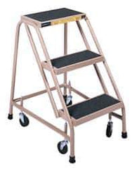 Gillis - 30" 3 Step Ladder - Rolling Steel Office Ladder, 300 Lb Capacity, 30" Platform Height, 24" Base Width x 27" Depth, Rubber Matted - Exact Industrial Supply