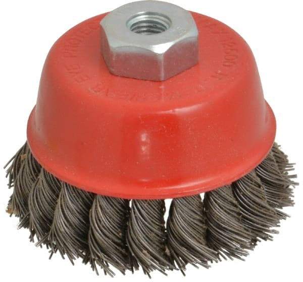 Value Collection - 2-5/8" Diam, M10x1.25 Threaded Arbor, Steel Fill Cup Brush - 0.02 Wire Diam, 12,500 Max RPM - Exact Industrial Supply