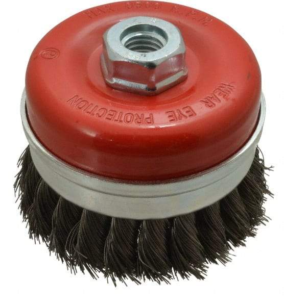 Value Collection - 3-3/16" Diam, 5/8-11 Threaded Arbor, Steel Fill Cup Brush - 0.0137 Wire Diam, 8,500 Max RPM - Exact Industrial Supply