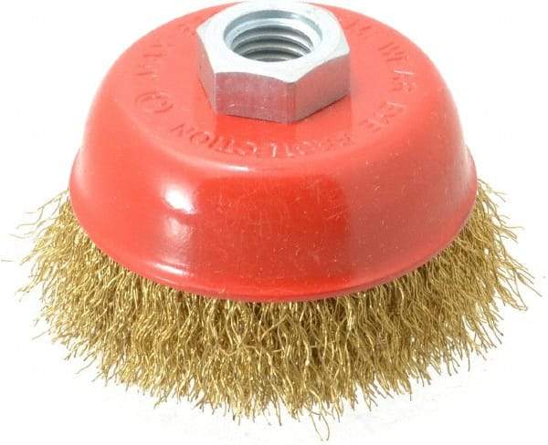 Value Collection - 3-3/16" Diam, 5/8-11 Threaded Arbor, Steel Fill Cup Brush - 0.012 Wire Diam, 8,500 Max RPM - Exact Industrial Supply