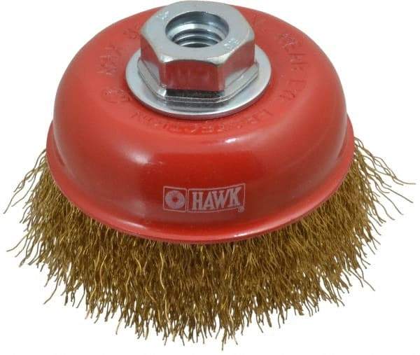 Value Collection - 4" Diam, 5/8-11 Threaded Arbor, Steel Fill Cup Brush - 0.015 Wire Diam, 8,500 Max RPM - Exact Industrial Supply