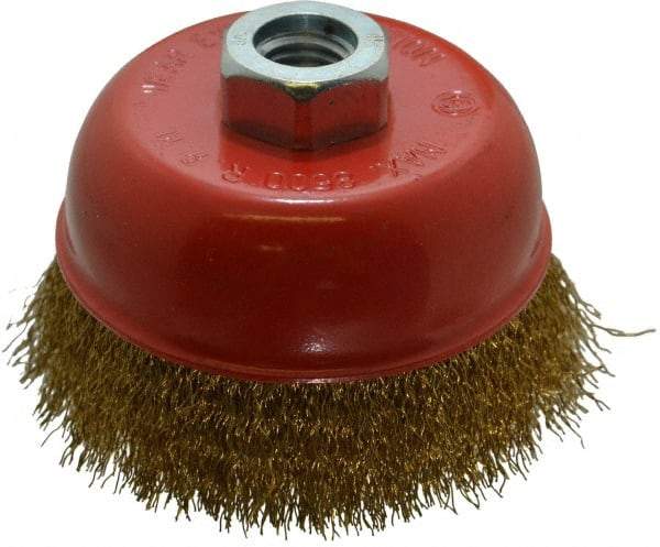 Value Collection - 4" Diam, 5/8-11 Threaded Arbor, Steel Fill Cup Brush - 0.012 Wire Diam, 8,500 Max RPM - Exact Industrial Supply