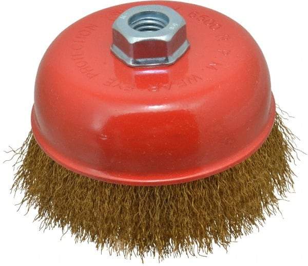 Value Collection - 5" Diam, 5/8-11 Threaded Arbor, Steel Fill Cup Brush - 0.012 Wire Diam, 6,500 Max RPM - Exact Industrial Supply