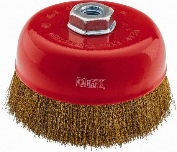 Value Collection - 6" Diam, M16x2.00 Threaded Arbor, Steel Fill Cup Brush - 0.008 Wire Diam, 4,500 Max RPM - Exact Industrial Supply