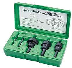 Greenlee - 5 Piece, 7/8" to 1-3/8" Saw Diam, Hole Saw Kit - Carbide-Tipped, Pilot Drill Model No. 123CT, Includes 3 Hole Saws - Exact Industrial Supply