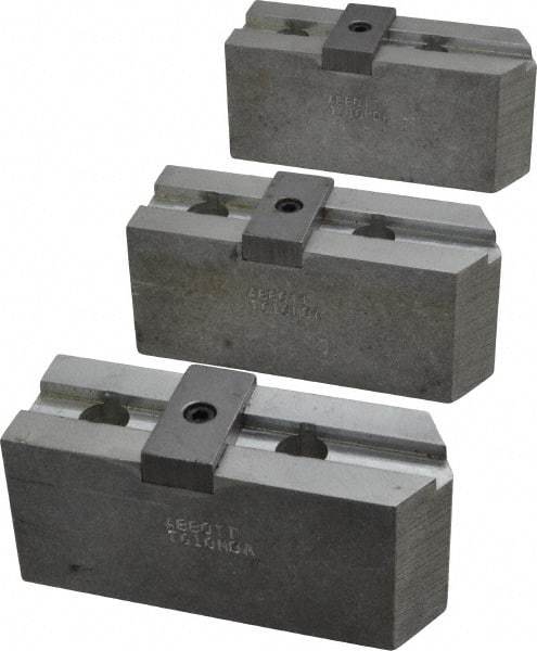 Abbott Workholding Products - 10" & Up Chuck Capacity, Tongue & Groove Attachment, Square Soft Lathe Chuck Jaw - 3 Jaws, Aluminum, 2-1/8" Btw Mount Hole Ctrs, 4-1/2" Long x 1-1/2" Wide x 2" High, 1/2" Groove, 1/2" Fastener - Exact Industrial Supply