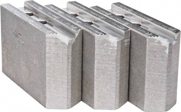 Abbott Workholding Products - 10" & Up Chuck Capacity, 1.5mm x 60° Serrated Attachment, Square Soft Lathe Chuck Jaw - 3 Jaws, Aluminum, 1.1811" Btw Mount Hole Ctrs, 4-1/2" Long x 1-1/2" Wide x 3" High, 0.6299" Groove, 0.4724" & 12mm Fastener - Exact Industrial Supply