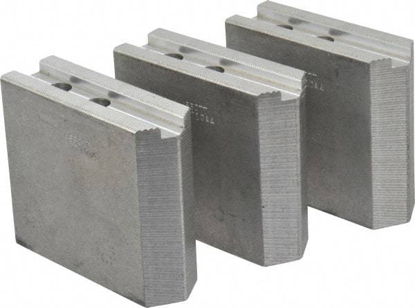 Abbott Workholding Products - 10" & Up Chuck Capacity, 1.5mm x 60° Serrated Attachment, Square Soft Lathe Chuck Jaw - 3 Jaws, Aluminum, 1.1811" Btw Mount Hole Ctrs, 4-1/2" Long x 1-1/2" Wide x 4" High, 0.6299" Groove, 0.4724" & 12mm Fastener - Exact Industrial Supply