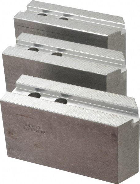 Abbott Workholding Products - 10" & Up Chuck Capacity, 1.5mm x 60° Serrated Attachment, Square Soft Lathe Chuck Jaw - 3 Jaws, Aluminum, 1.1811" Btw Mount Hole Ctrs, 5-1/2" Long x 2" Wide x 3" High, 0.6299" Groove, 0.4724" & 12mm Fastener - Exact Industrial Supply