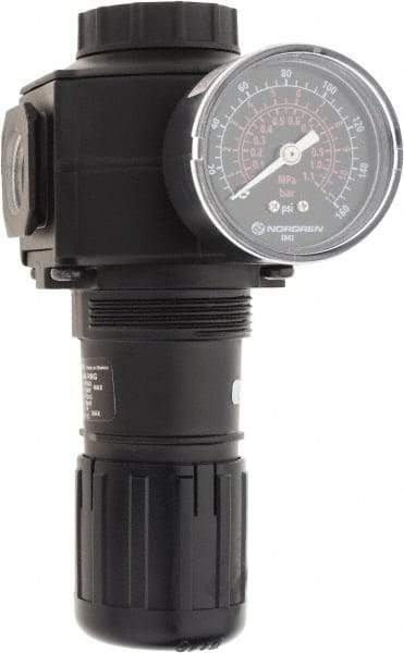 Norgren - 1/2 NPT Port, 220 CFM, Zinc Standard Regulator - 5 to 150 psi Range, 300 Max psi Supply Pressure, 1/4" Gauge Port Thread, 3.15" Wide x 6.67" High - Exact Industrial Supply