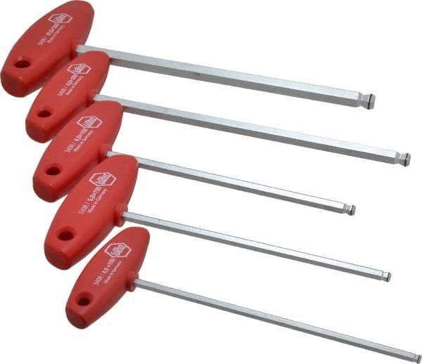 Wiha - 5 Piece T-Handle Ball End Hex Key Set - Hex Range 4 to 10mm, Chrome Vanadium Molybdenum - Exact Industrial Supply