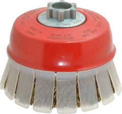 JAZ USA - 4" Diam, 5/8-11 & M14x2.00 Threaded Arbor, Steel Fill Cup Brush - 0.009 Wire Diam, 1-3/16" Trim Length, 8,500 Max RPM - Exact Industrial Supply